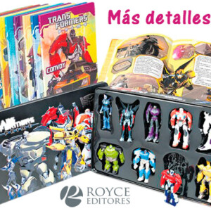 Caja metálica coleccionadora con figuras y libros de Transformers Prime.
